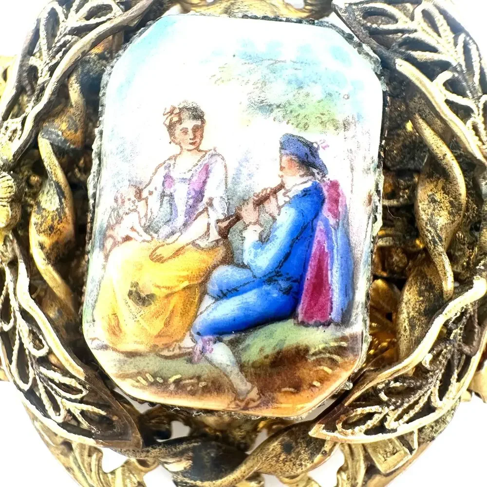 Vintage Victorian Revival gold tone hand painted portrait mesh bracelet